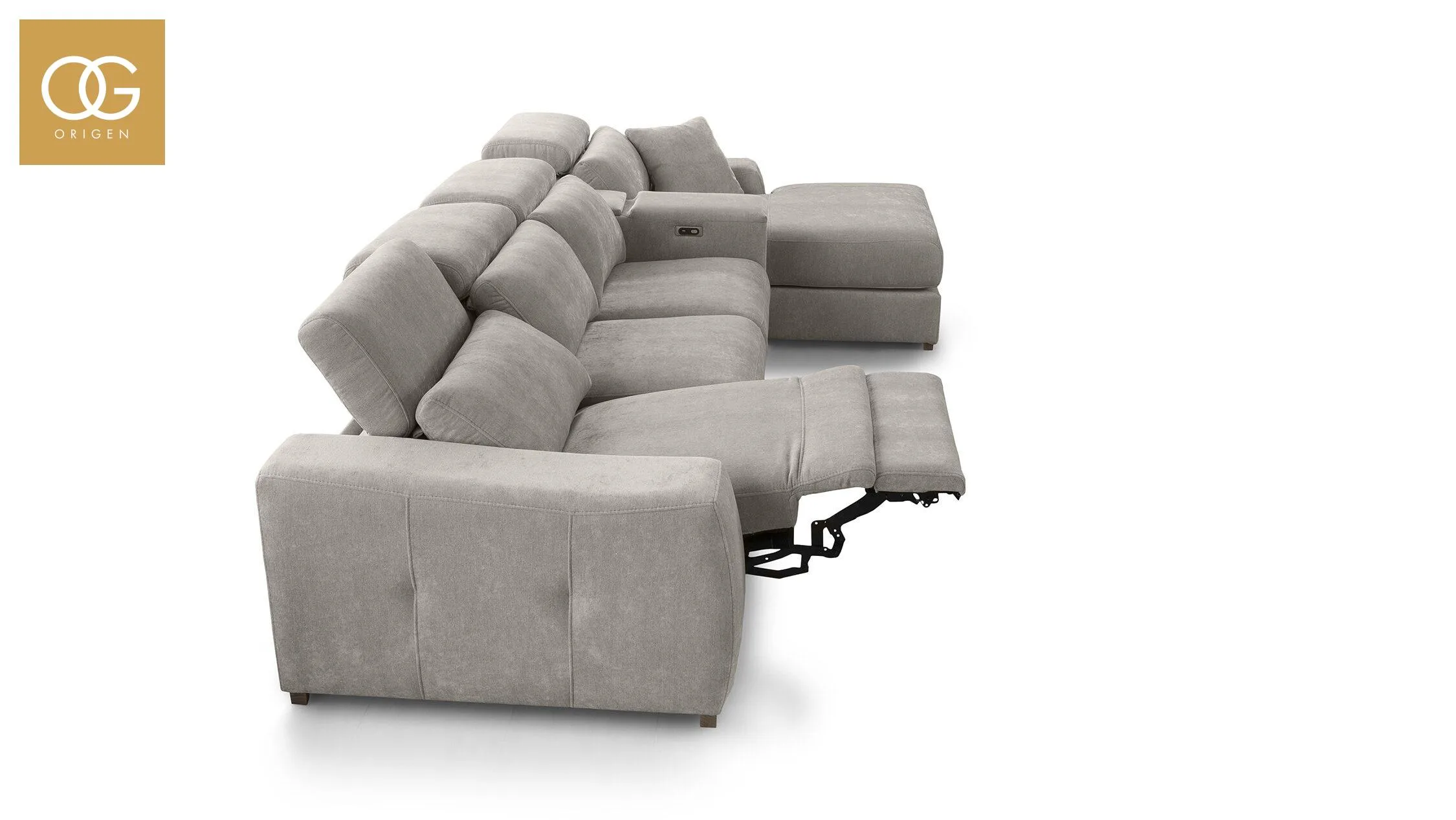 Sofá chaislongue Kenya motorizado con diseño ergonómico, tapizado personalizable y estilo moderno para salón.