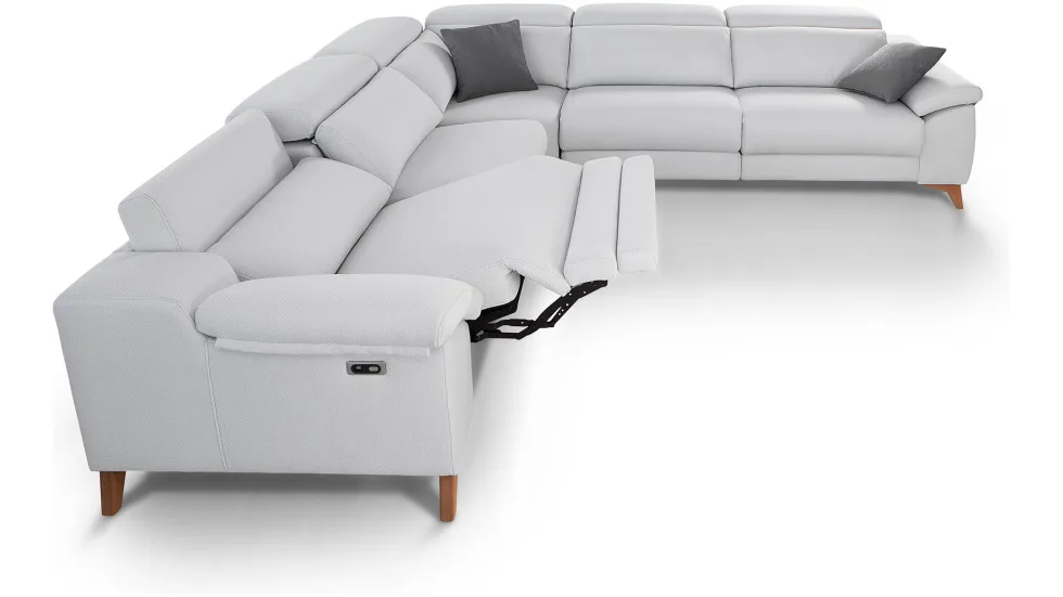 Rinconera Neptuno con diseño moderno, patas altas, cabezales abatibles y funciones relax motorizadas.