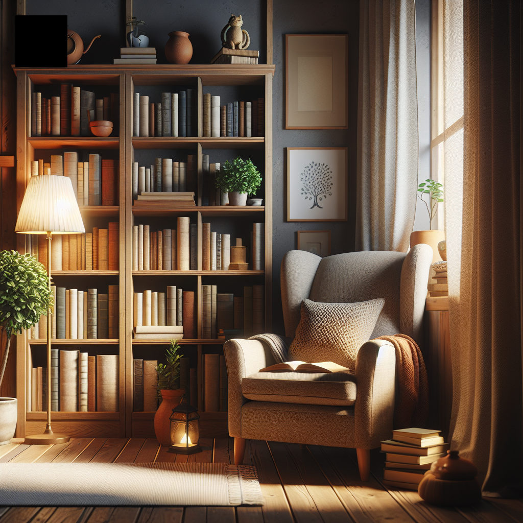 Rincón de lectura acogedor con sillón y lámpara cálida