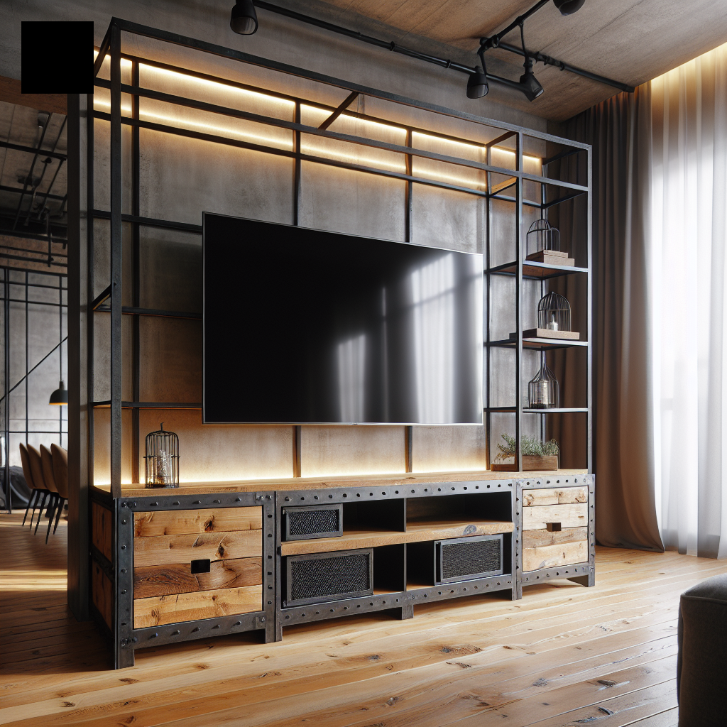 yakkaai_ai_1775129830.png Mueble TV industrial en sala moderna con madera y metal