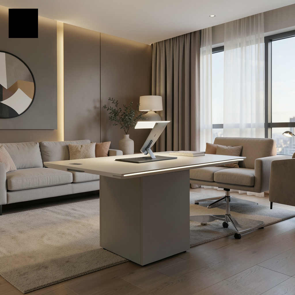 Mesa de centro motorizada de diseño minimalista en un salón contemporáneo.