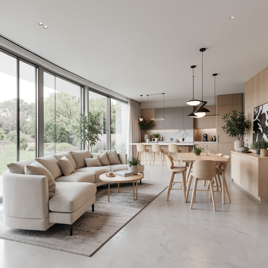 Salón moderno con diseño diáfano, colores neutros y mobiliario de alta calidad.