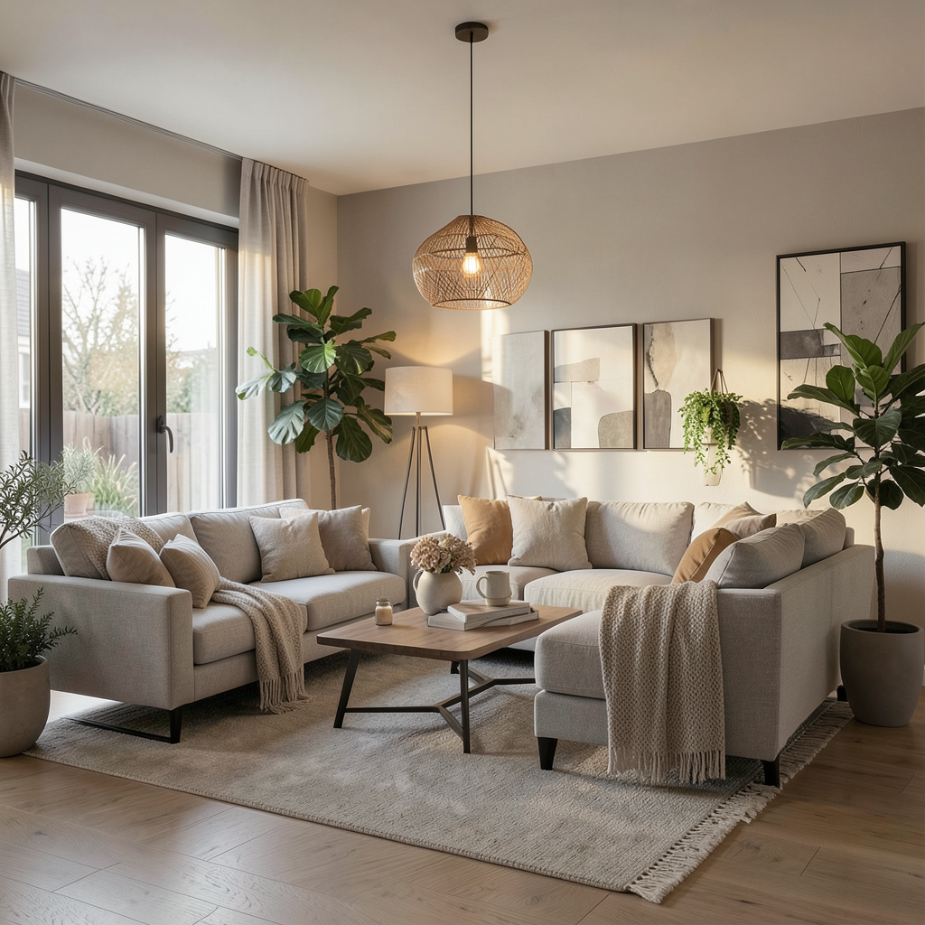 Salón decorado con estilo acogedor y elementos naturales