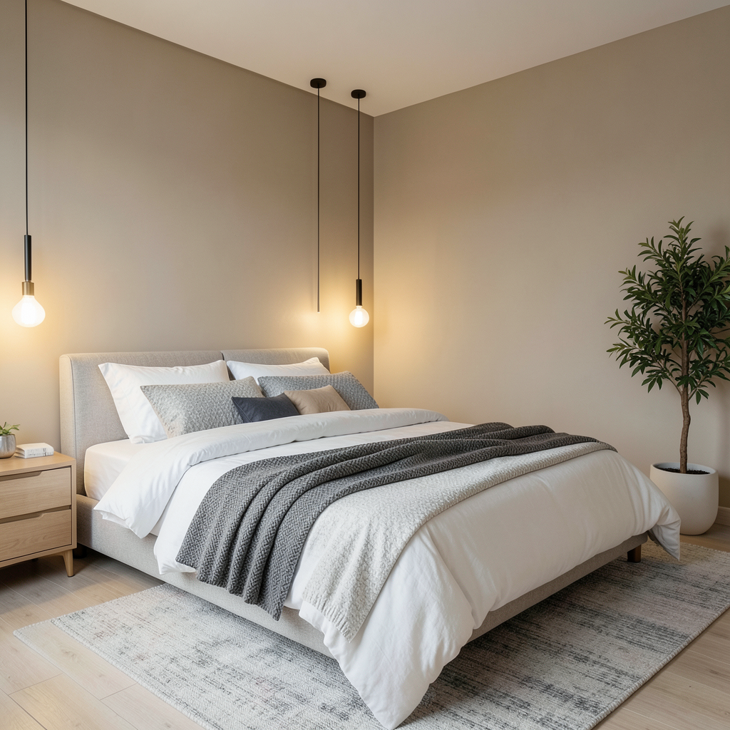 Dormitorio moderno y acogedor con decoración en tonos neutros y textiles suaves