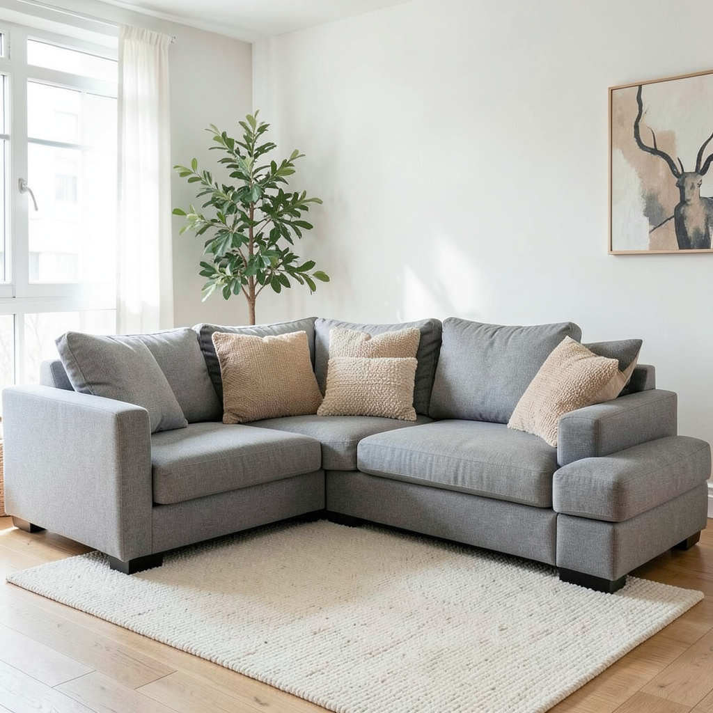 Sofá modular gris en salón moderno con decoración natural
