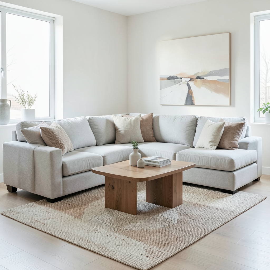 Sofá rinconera moderno en salón luminoso con decoración contemporánea