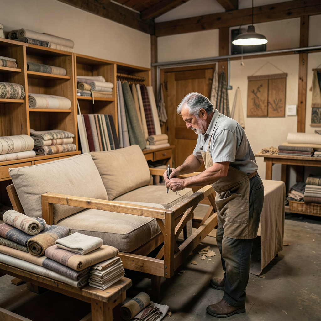 Realistic photograph of a traditional upholstery workshop in Yecla, showing a craftsman working on a sofa frame, rolls of high-quality textile, professional studio lighting, warm wooden tones, depth of field, professional industrial photography Taller artesanal mostrando cómo se fabrican los sofás en Yecla
