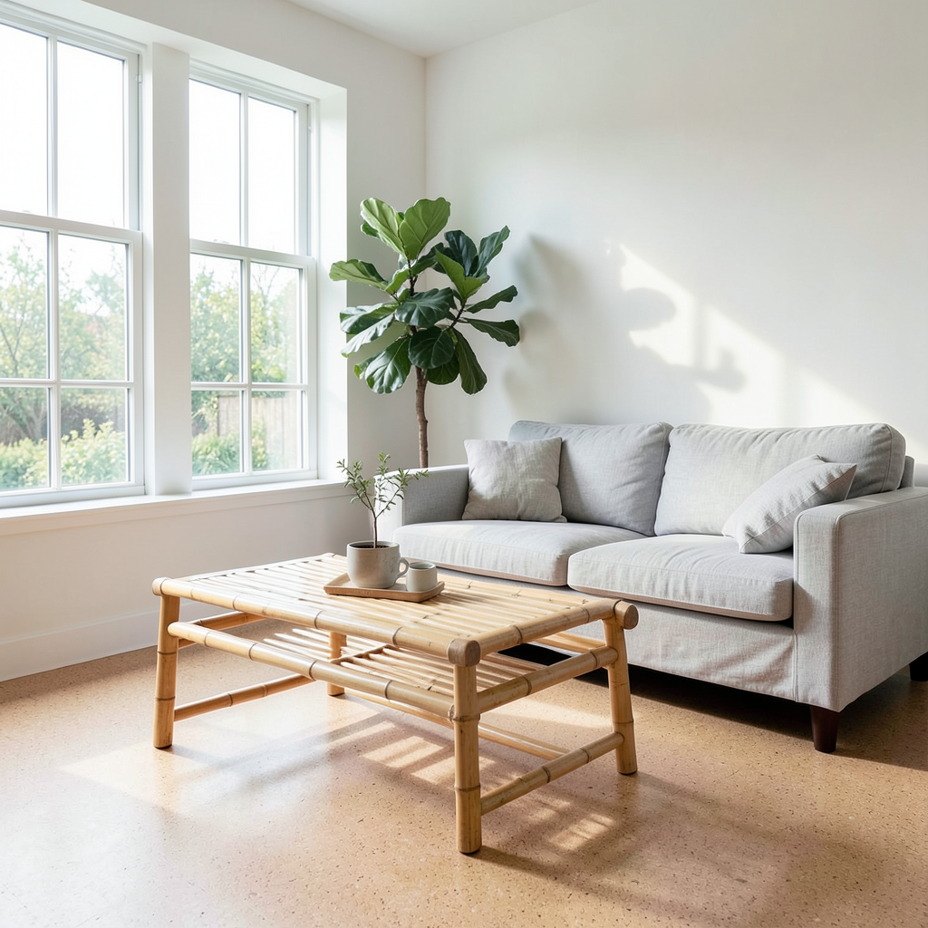 Realistic photograph of a brightly lit modern living room featuring a bamboo coffee table, a light grey linen sofa, and a large potted plant. Natural light streams through large windows, highlighting a light-colored cork floor and walls painted in soft matte white. High-quality stock photo, airy atmosphere, minimalist Japandi style, professional interior photography. Salón moderno decorado con materiales sostenibles para el hogar moderno como bambú y lino