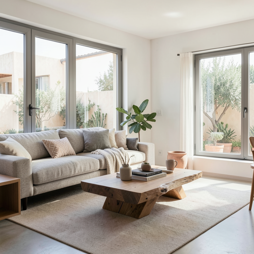 Realistic photograph of a modern, brightly lit Spanish living room featuring a sustainable wooden coffee table, a contemporary fabric sofa, and large windows with natural light, minimalist Nordic-Mediterranean style, high-end interior design photography Salón moderno que refleja las novedades del sector del mueble en España
