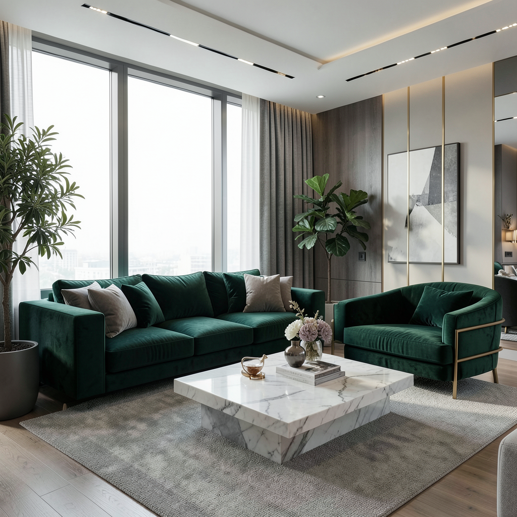 Realistic photograph of a modern living room with a sophisticated color palette of emerald green, neutral grey, and gold accents. Large windows with soft natural light, a velvet sofa, a marble coffee table, and indoor plants. High-end interior design, wide angle shot, professional architectural photography. Salón moderno decorado siguiendo consejos de cómo combinar colores en el salón sin fallar