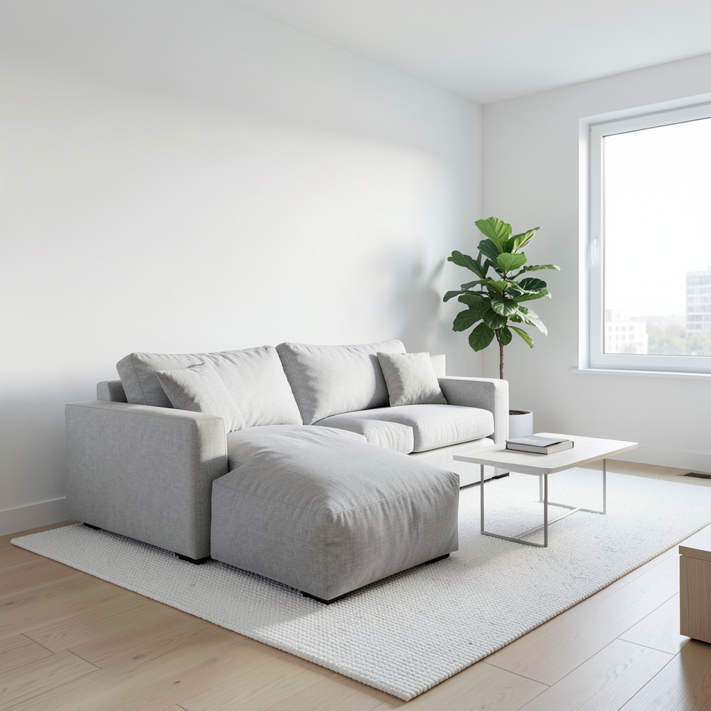 Realistic photograph of a bright, modern living room in a recently renovated apartment. A large, light-grey fabric chaiselongue sofa is the centerpiece, positioned on a white textured rug. Soft natural light streams in from a large window, illuminating clean white walls and light oak wooden floors. A minimalist coffee table and a green potted plant are next to the sofa, creating a serene and airy atmosphere. High-end architectural photography, 8k resolution. Salón moderno con ideas de chaiselongue para viviendas recién reformadas en tonos grises y luz natural