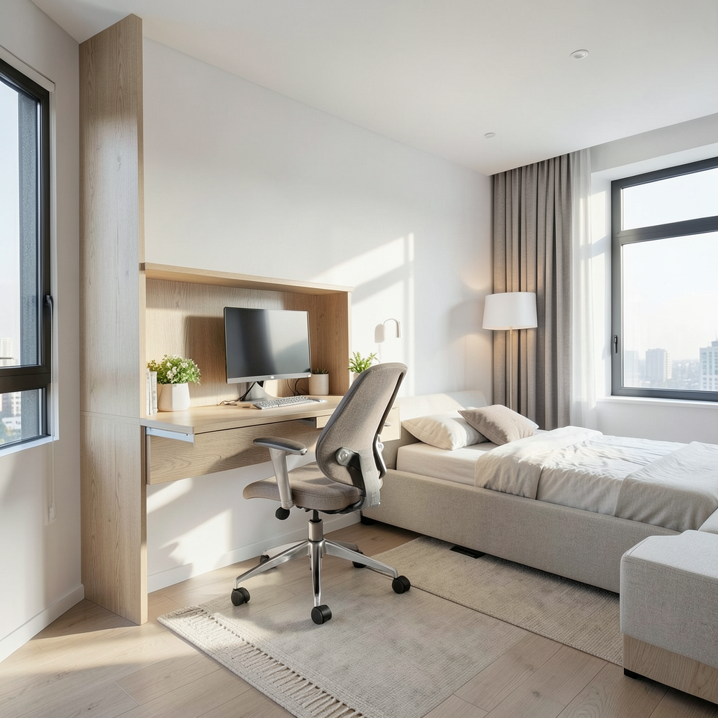 Estudio moderno con espacios pequeños transformados con soluciones abatibles y muebles plegables