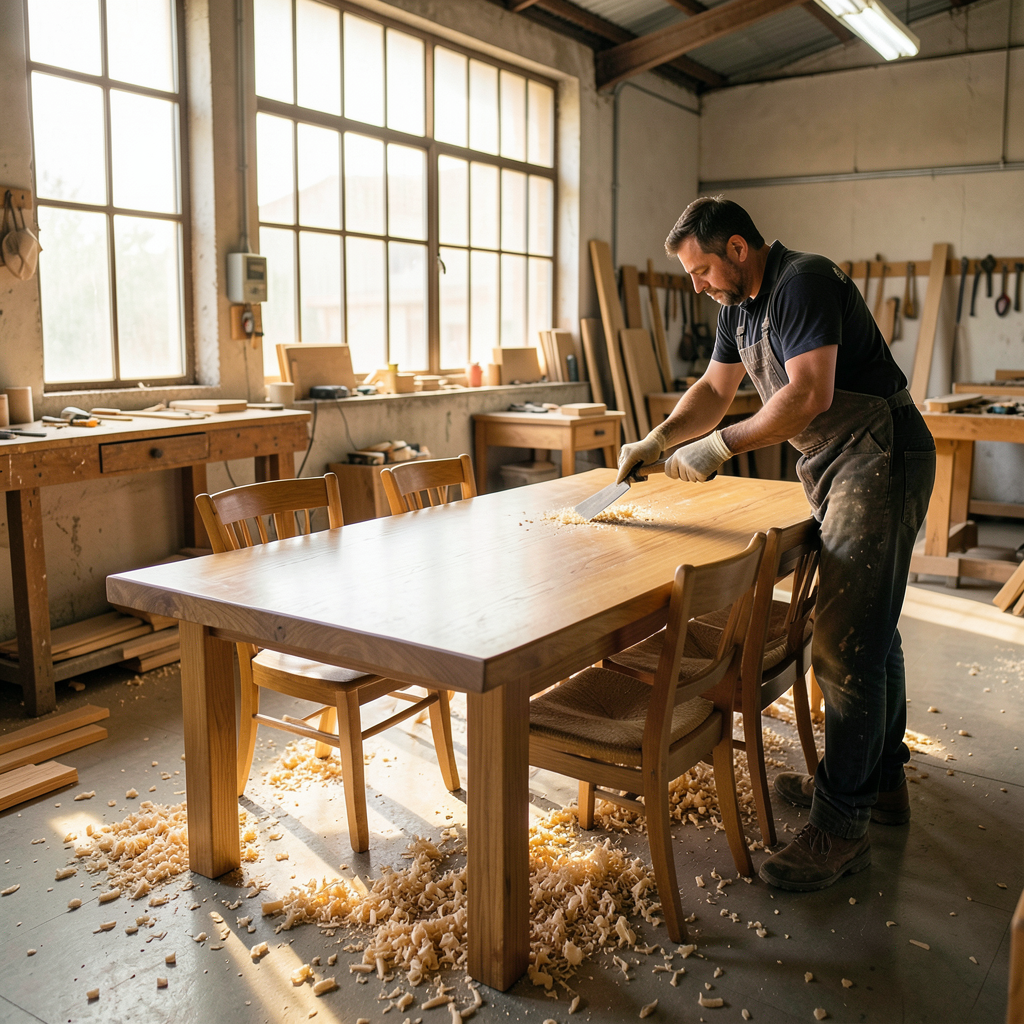 Interior de una fábrica de muebles Yecla con artesano trabajando la madera