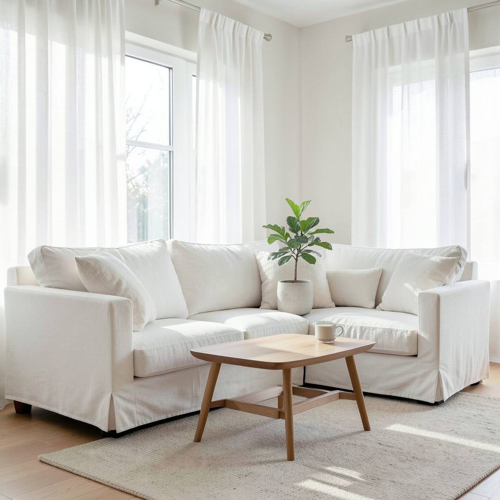 Salón iluminado con ideas de decoración minimalista para el hogar en tonos neutros