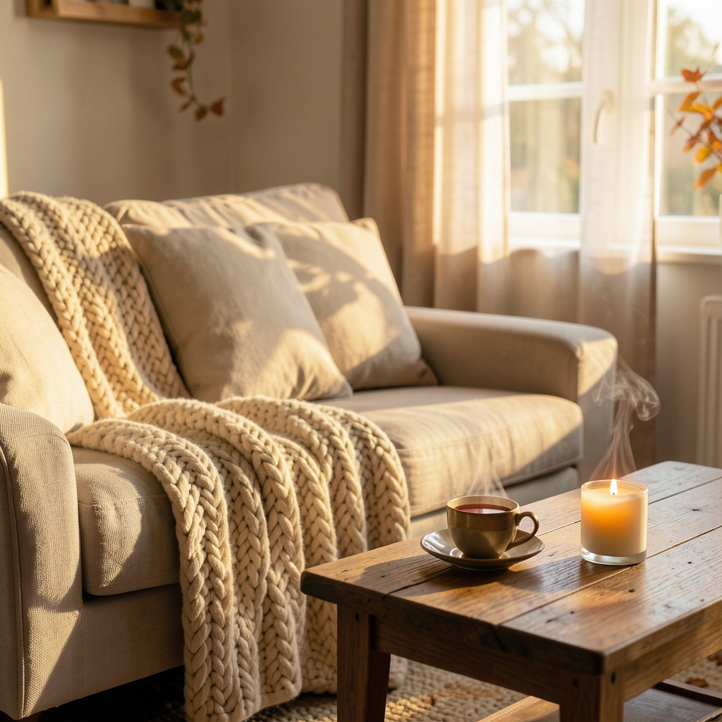 Salón cálido y confortable mostrando cómo crear un hogar más acogedor con textiles y luz natural