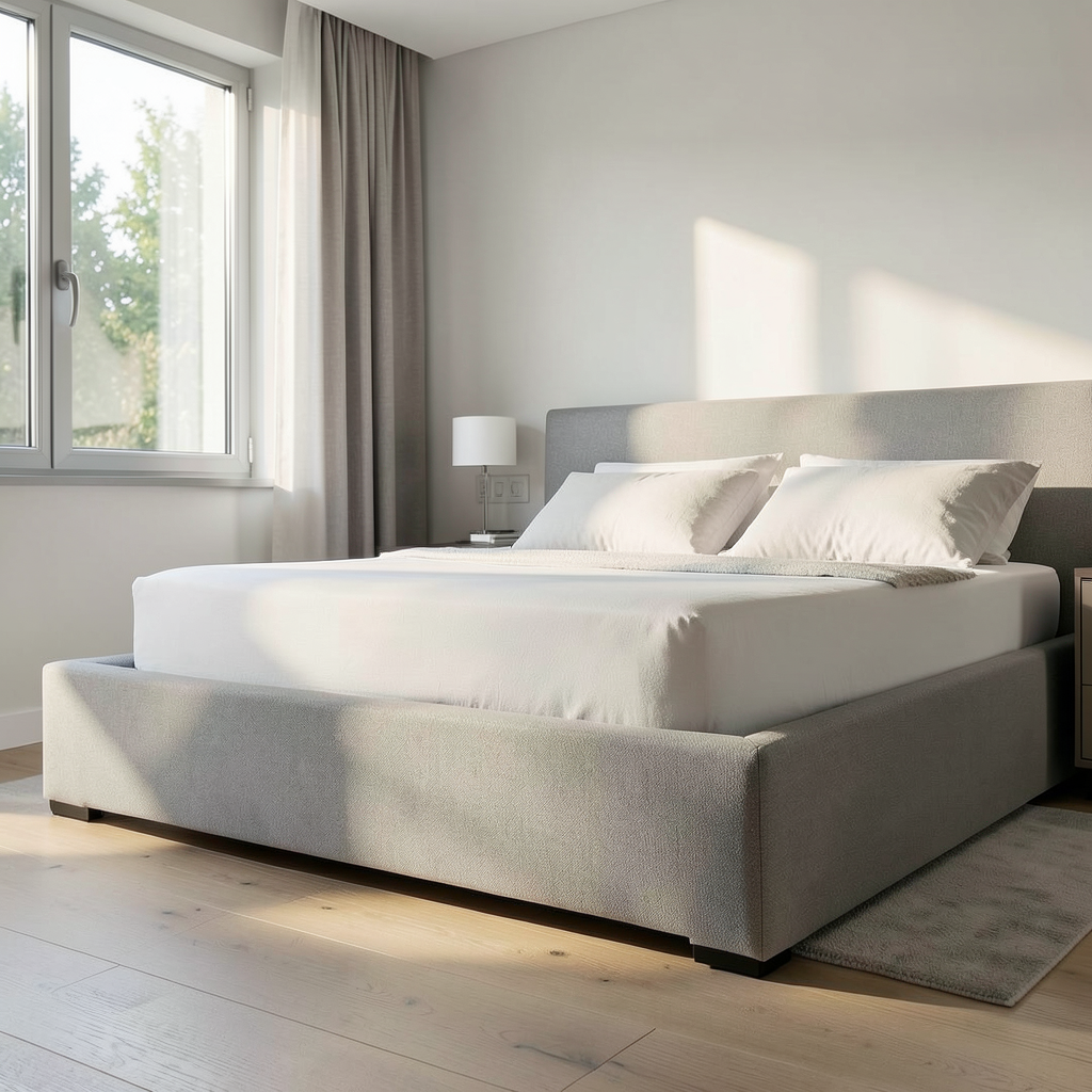Cama moderna mostrando cómo elegir la altura ideal del colchón para un descanso ergonómico