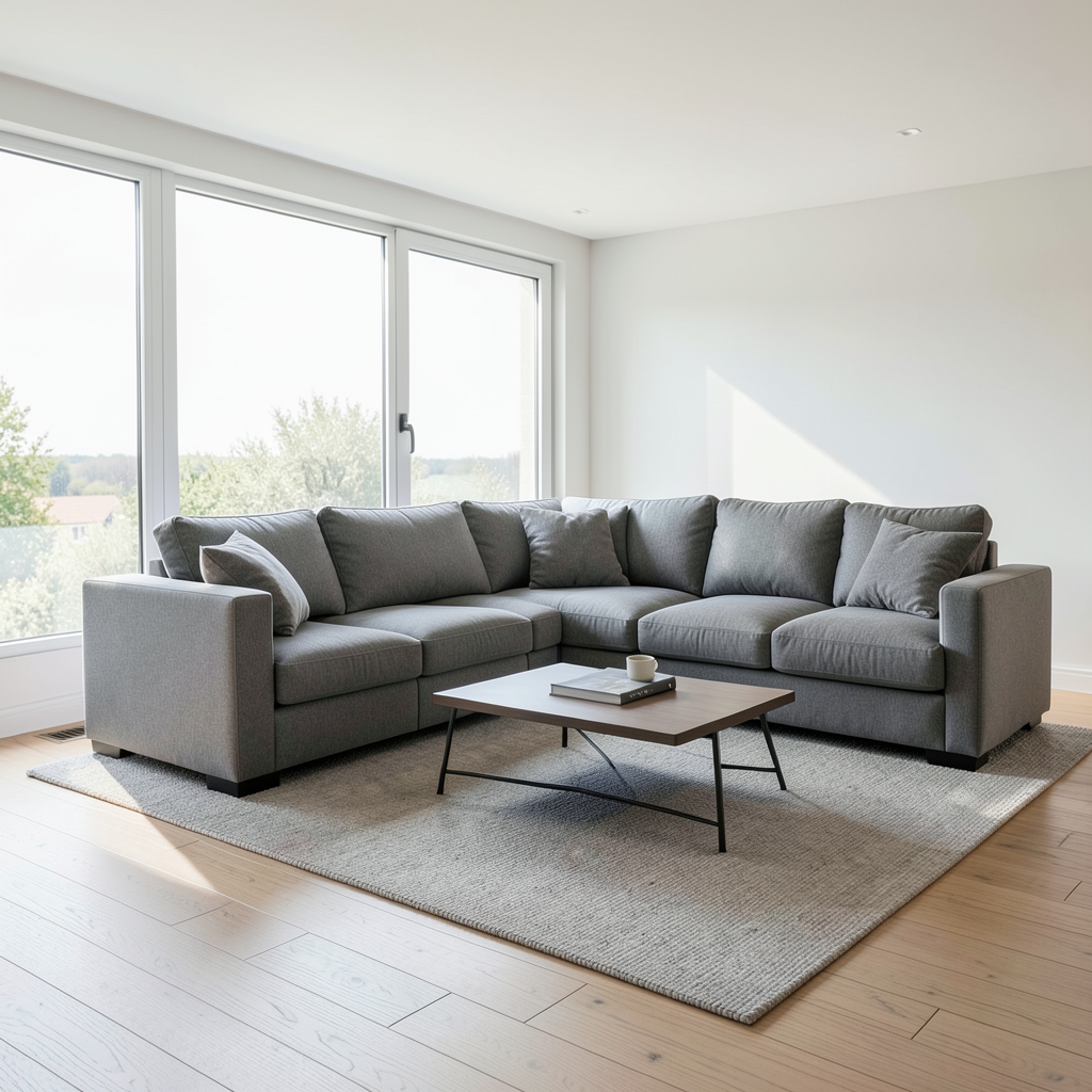 Realistic photograph of a spacious, brightly lit modern living room featuring a large, high-quality grey fabric sectional sofa with soft cushions, natural light coming from a large window, wooden flooring, and a minimalist coffee table, professional interior design photography Salón moderno que muestra cómo elegir un sofá según tu estilo de vida y espacio