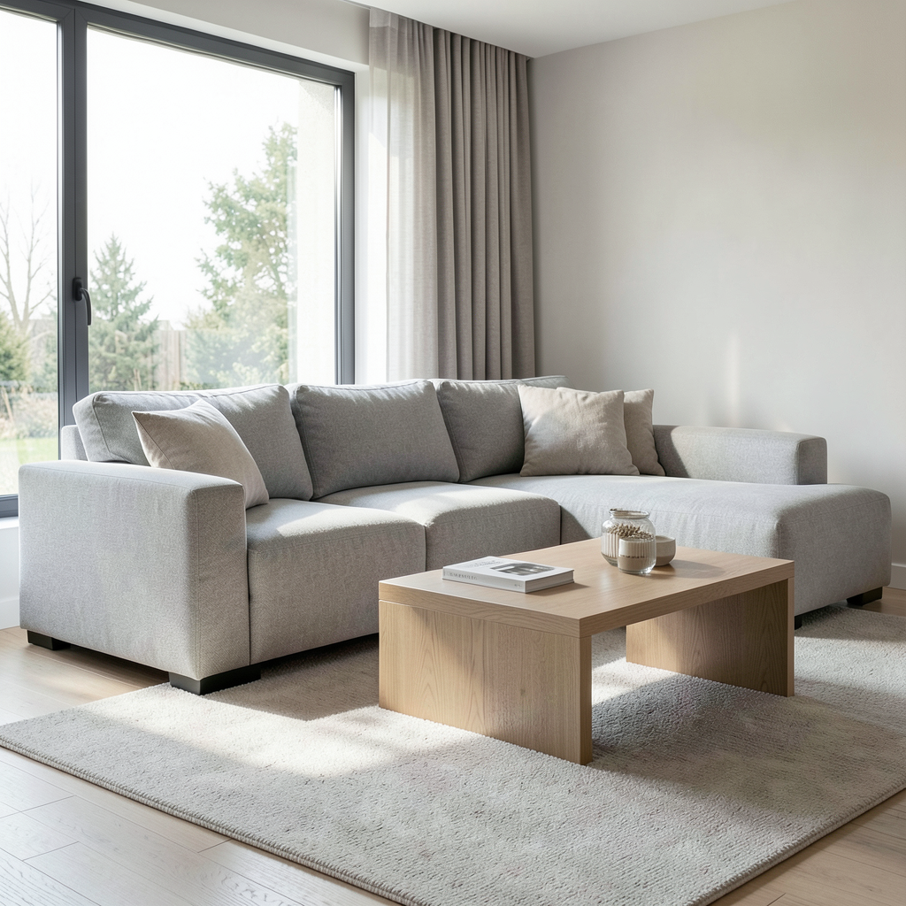 Salón moderno con sofá gris según la Guía para elegir un sofá según el estilo