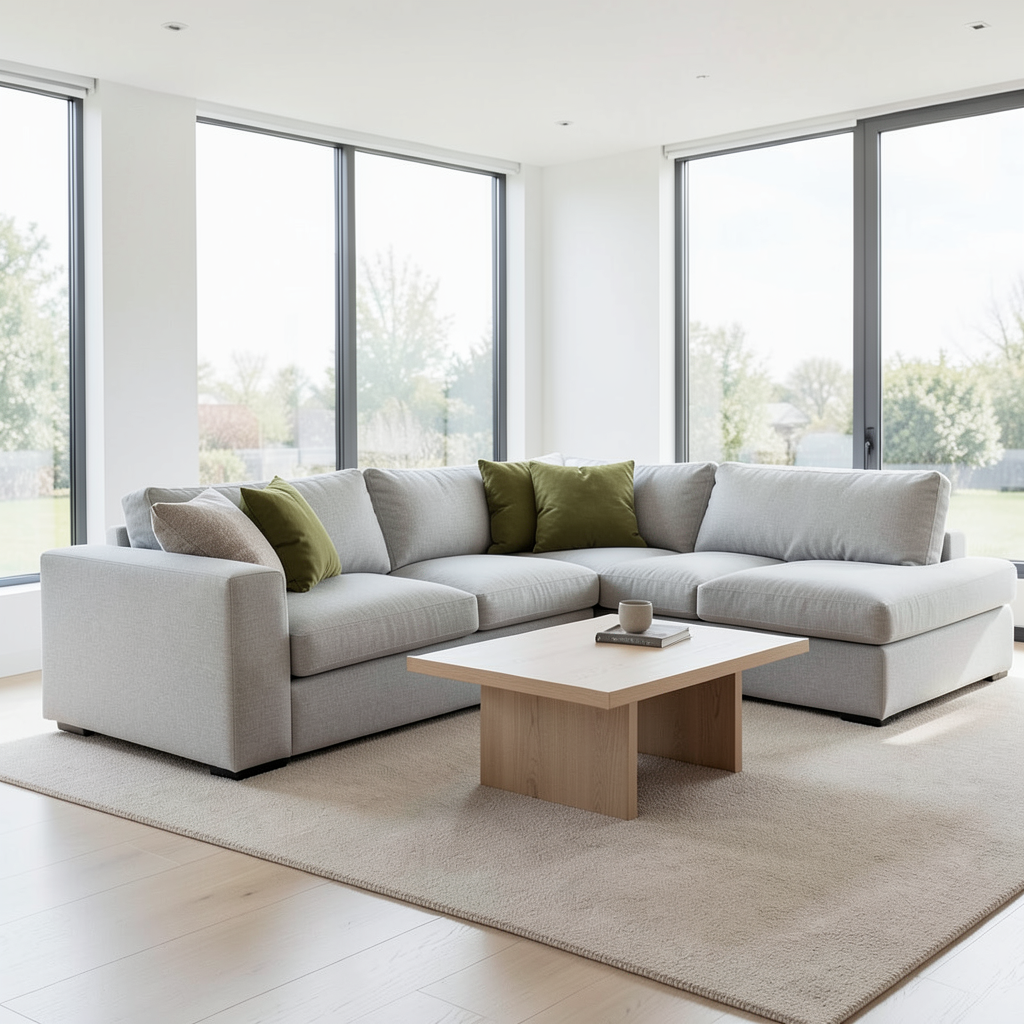 Realistic photograph of a modern living room featuring a large, light grey modular sofa arranged in an L-shape. The room has large windows with soft natural light, a beige area rug underneath the sofa, and a minimalist wooden coffee table. Neutral tones dominate the decor with a few olive green cushions for contrast, professional architectural photography, bright and airy atmosphere. Sala de estar moderna con sofás modulares: cómo adaptarlos a tu espacio para optimizar el diseño