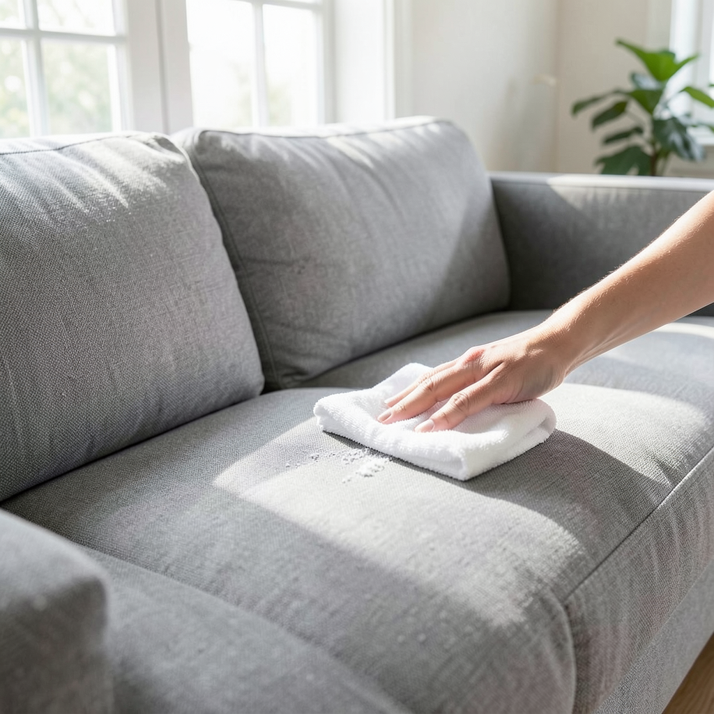 Realistic photograph of a modern grey microfiber sofa in a bright living room, a person’s hand using a white microfiber cloth to gently clean a spot, natural sunlight streaming through a window, professional interior design photography, soft neutral tones, high resolution Persona aplicando la técnica de cómo limpiar un sofá de microfibra con un paño blanco