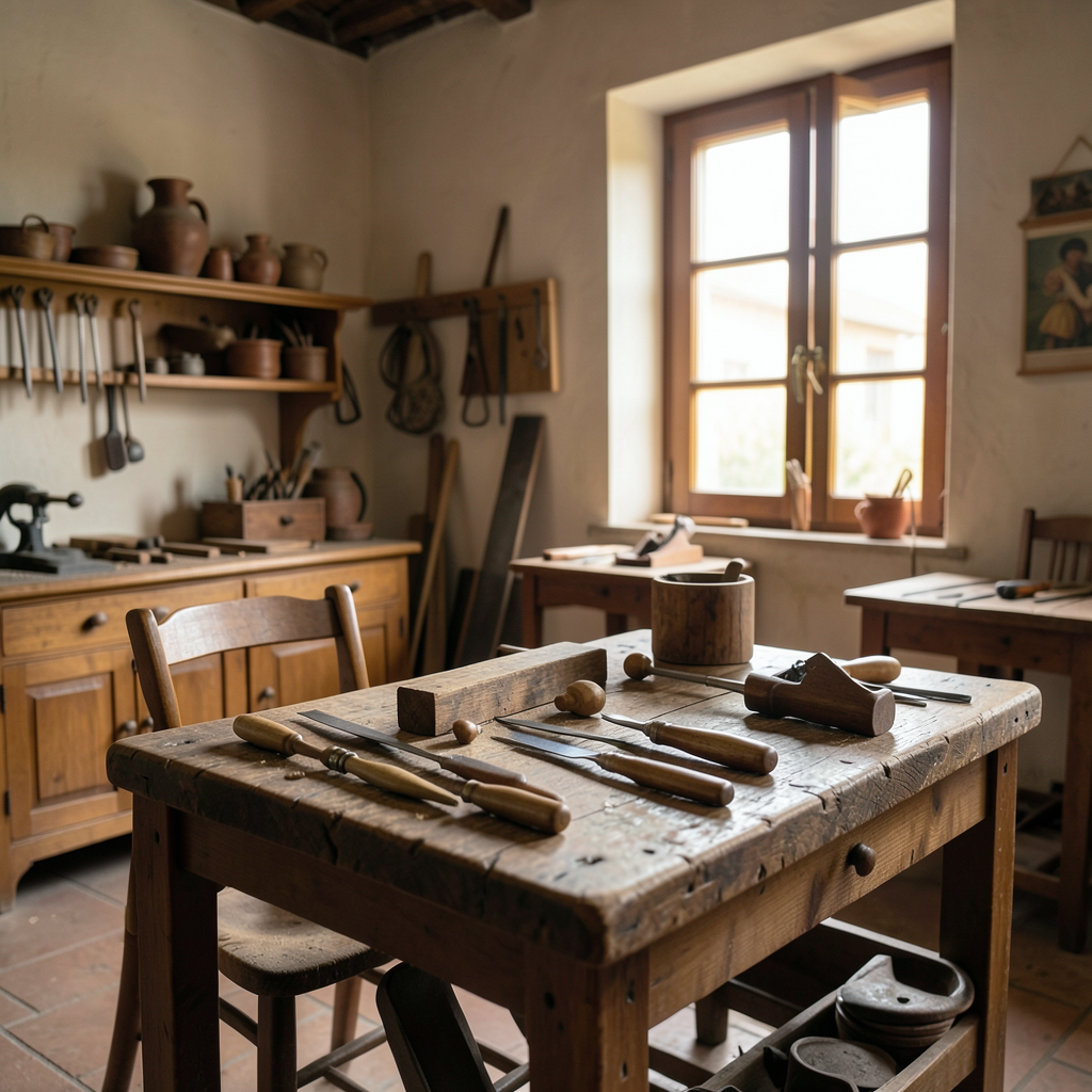 Taller artesanal representando la historia del mueble en Yecla con herramientas clásicas.