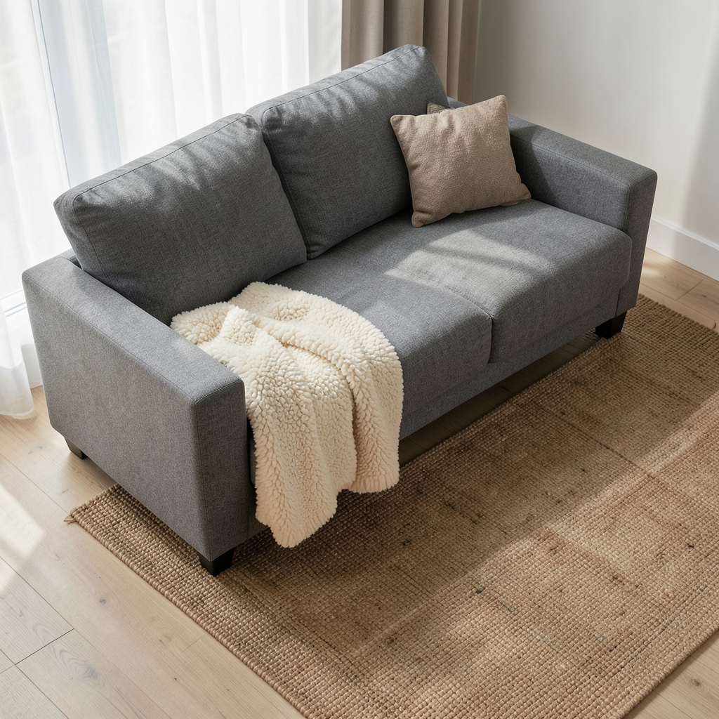 Realistic photograph of a modern living room featuring a grey recycled fabric sofa, a textured cream-colored recycled wool throw blanket, and a jute-style recycled fiber rug on a light wooden floor. Soft natural light streaming through sheer recycled polyester curtains, neutral earthy tones, professional interior design photography, high angle shot. Salón moderno decorado con textiles que muestran las ventajas de los tejidos reciclados en decoración