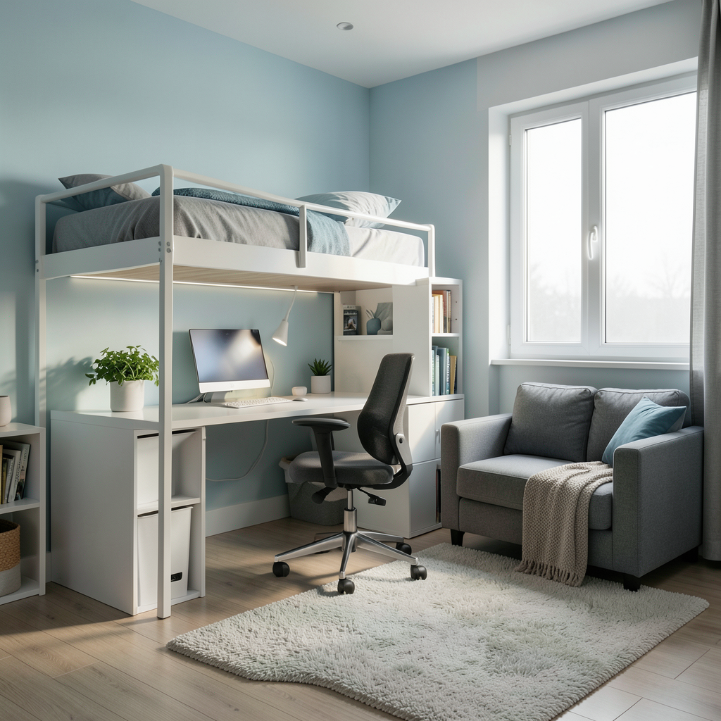 Realistic photograph of a modern teenager’s bedroom showing a multifunctional layout. It features a loft bed with a sleek white desk and an ergonomic chair underneath. To the side, a small cozy reading nook with a modern gray sofa and a soft rug. Soft natural light coming from a large window, light blue and white color palette, professional interior design photography, high resolution, cinematic lighting. Dormitorio juvenil moderno con ideas para dormitorios juveniles que necesitan doble función y muebles optimizados