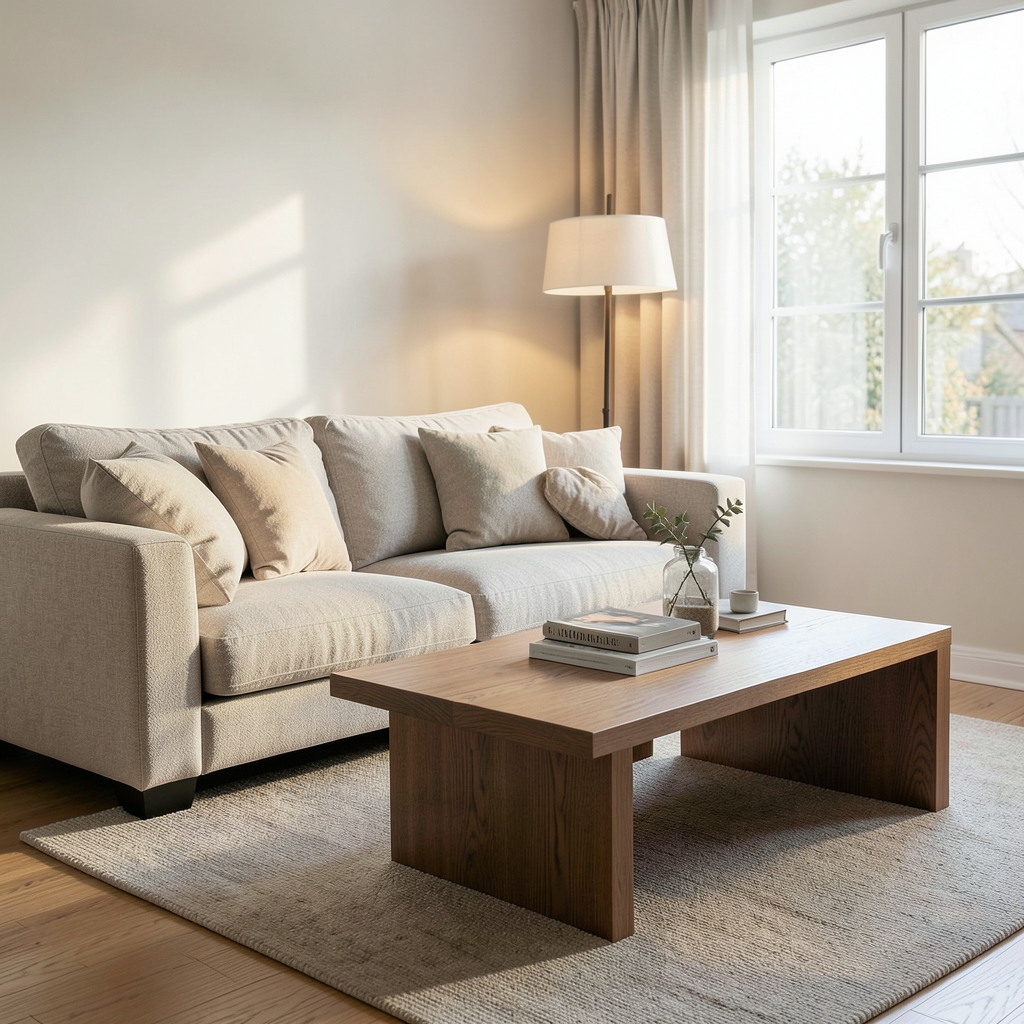 Realistic photograph of a bright, modern living room featuring a high-quality fabric sofa in neutral tones, a solid oak coffee table, and warm ambient lighting from a floor lamp, professional interior design photography, soft natural light from a large window, 8k resolution. Salón moderno amueblado con piezas de las mejores tiendas de muebles en yecla
