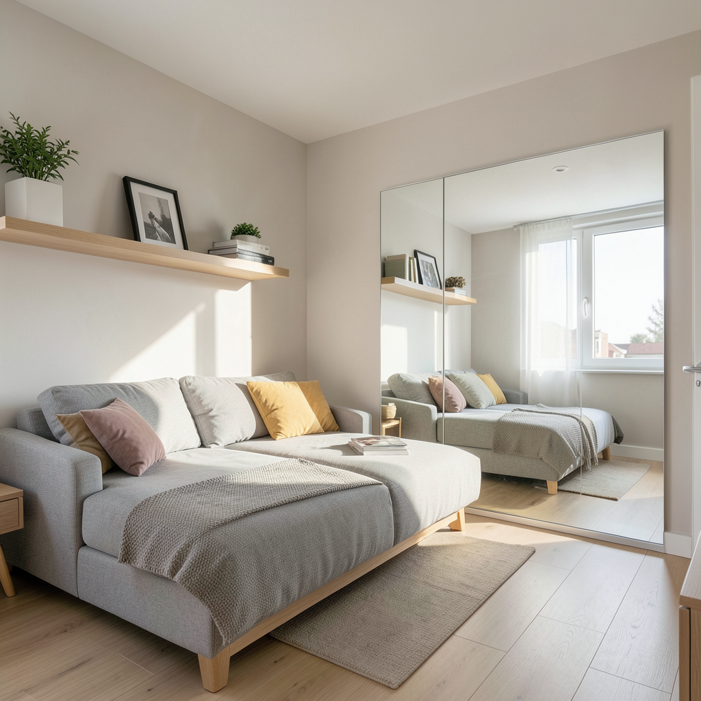 Salón moderno mostrando cómo optimizar espacios pequeños en el hogar con muebles inteligentes.
