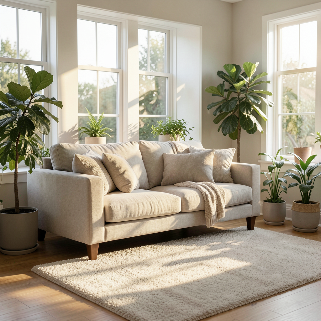 Realistic photograph of a bright, cozy living room with a comfortable neutral-toned sofa, several lush green indoor plants, a soft wool rug, and large windows letting in warm natural morning sunlight, professional interior design photography, serene atmosphere Salón luminoso y acogedor que muestra cómo mejorar el bienestar en casa con pequeños cambios