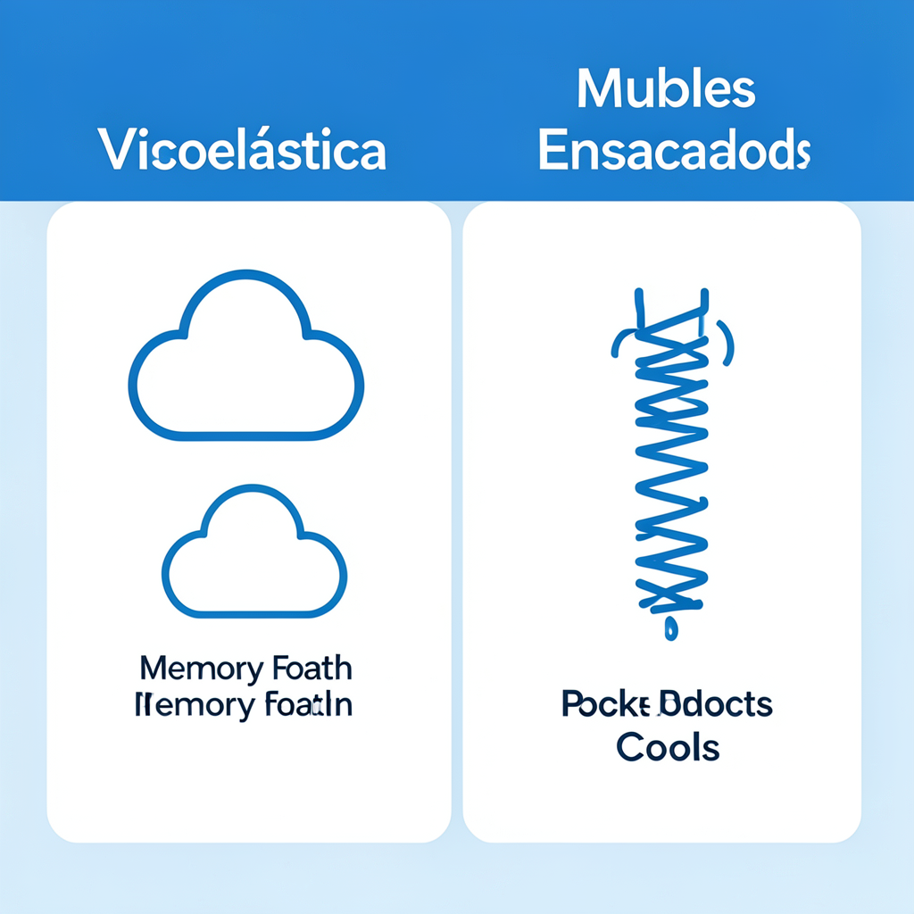 Clean comparison graphic with 2 main columns labeled ‘Viscoelástica’ and ‘Muelles Ensacados’, with simple icons showing a cloud for memory foam and a spring for pocket coils, modern flat design, blue and white color scheme, professional corporate style Infografía comparativa sobre cómo elegir entre viscoelástica y muelles ensacados