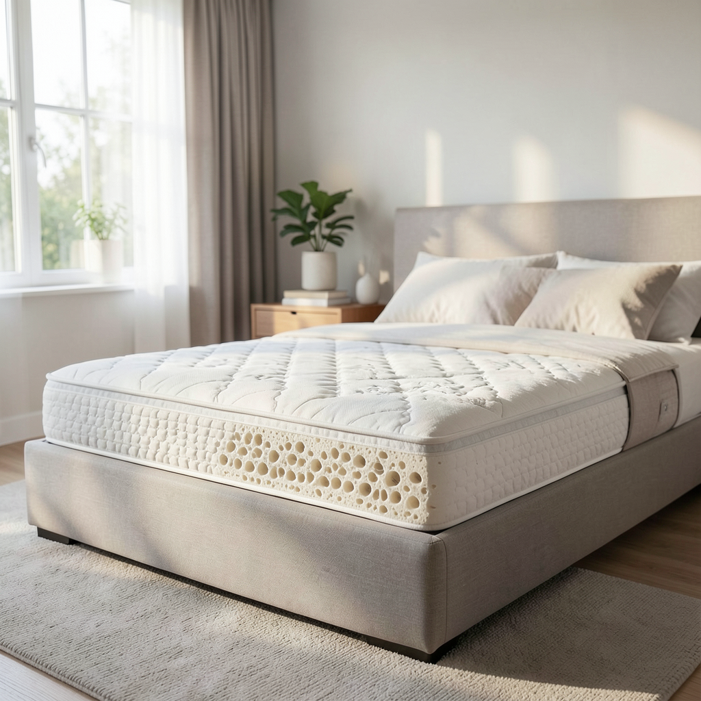 Realistic photograph of a high-quality natural latex mattress slice showing the porous internal structure, placed in a bright modern bedroom with soft natural morning light, neutral tones, professional architectural photography style Detalle de la estructura interna para entender cómo funcionan los colchones de látex natural