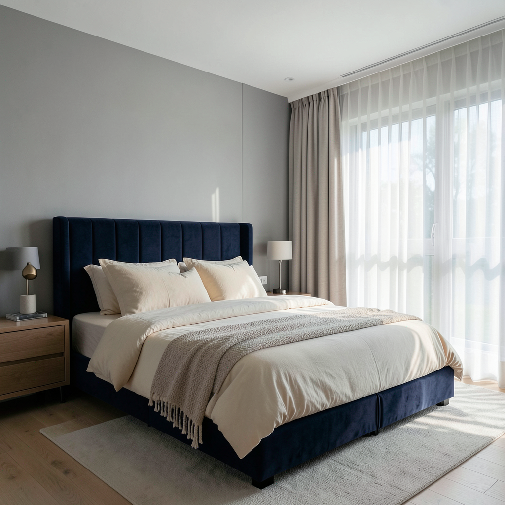 Realistic photograph of a modern master bedroom with a balanced color palette of soft grey walls, a deep navy blue velvet headboard, and cream-colored linens, natural morning light streaming through sheer white curtains, professional interior design photography, wide angle, serene atmosphere Ejemplo de cómo combinar colores en el dormitorio con tonos grises, azul marino y crema