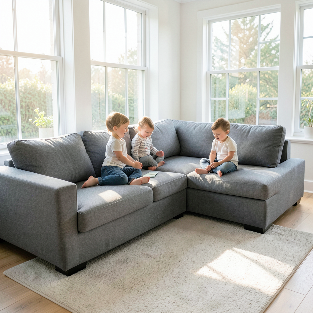 Realistic photograph of a spacious, modern grey fabric sectional sofa in a bright living room, with two young children playing safely on the cushions, soft natural sunlight streaming through large windows, professional interior photography, high resolution Sala moderna mostrando cómo elegir un sofá para familias con niños con telas resistentes