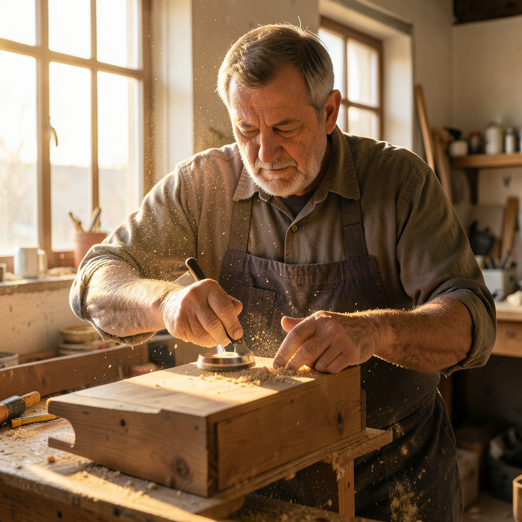 A craftsman carefully sanding a wooden furniture piece in a sunlit workshop, focused expression, sawdust particles floating in the air, warm golden hour lighting from large windows, professional quality, realistic photograph Muebles Yecla de madera maciza en taller artesanal