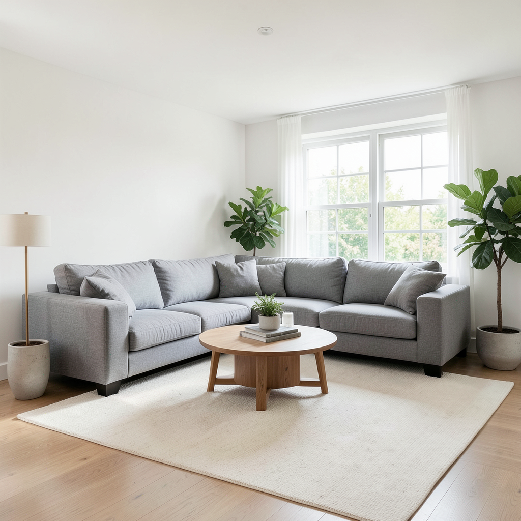 A professional photograph of a bright, modern living room with a large grey sectional sofa, a round wooden coffee table, and a large window letting in soft natural light. The room features white walls, a cream-colored area rug, and a few green indoor plants in ceramic pots. High-end interior design, wide angle shot, clean and airy atmosphere. Salón contemporáneo siguiendo las tendencias de decoración para salones modernos
