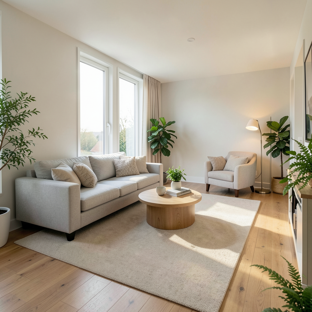 A bright, modern rectangular living room photographed from a raised corner perspective, with a light grey sofa floating away from the wall behind a round wooden coffee table on a large beige area rug, a cozy reading corner with an upholstered armchair and warm floor lamp at the far end, tall windows along the long wall pouring soft natural afternoon light across wooden floors, neutral white and beige palette with green plants and textured cushions, airy welcoming atmosphere, professional interior photography quality Salón rectangular bien distribuido con sofá flotante, rincón de lectura y grandes ventanas con luz natural
