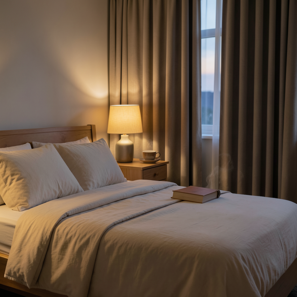 Professional interior photograph of a serene bedroom at dusk: a neatly made bed with soft ivory and beige linen bedding, warm glow from a bedside table lamp, a wooden nightstand with a steaming cup of herbal tea next to a closed book, heavy blackout curtains in warm neutral tones, soft shadows with gentle lamp light mixing with fading window light, eye-level composition, calm inviting mood, high-end stock photo quality Dormitorio sereno con luz cálida: cómo mejorar la calidad del sueño en casa con ambiente relajante